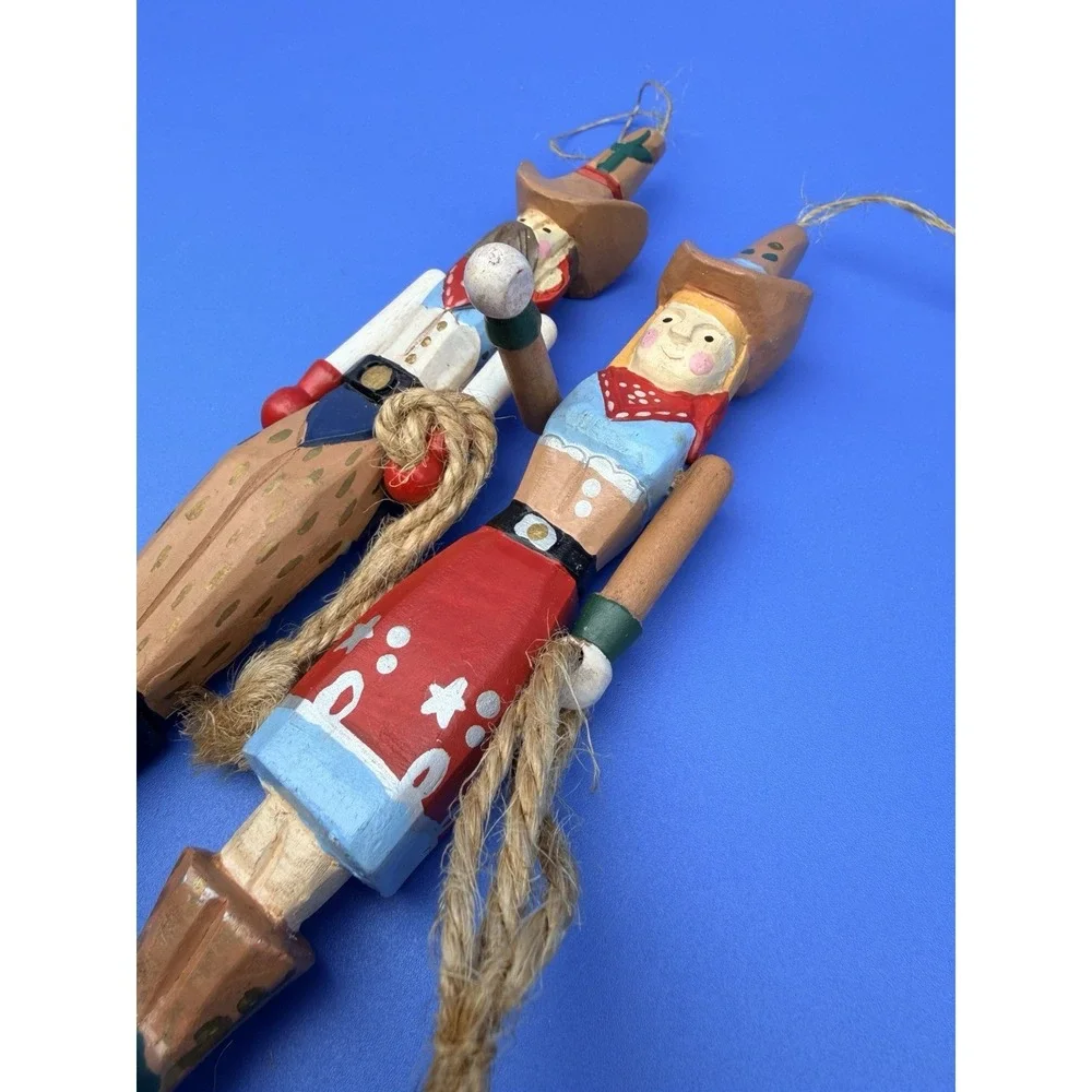 Vintage Wood Cowboy Cowgirl Christmas Ornaments Pair Western Folk Art Rope